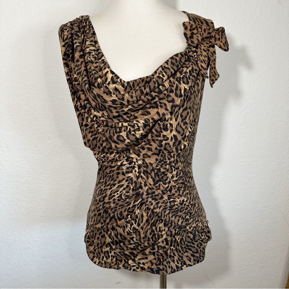 Blanc Nature Leopard Print Faux Wrap Front Bow Shoulder Blouse Size 44 France